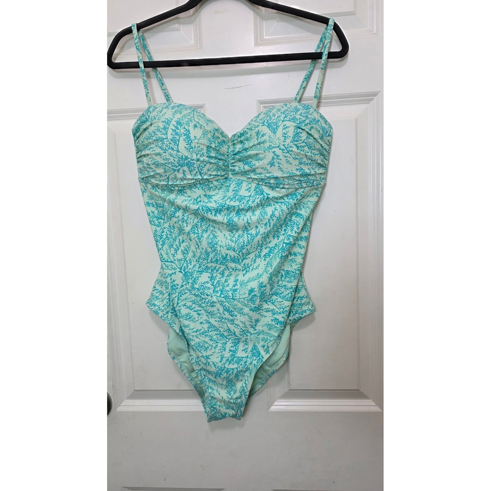 Old Navy Swimsuit Womens Large Teal Green Coral Print‎ One Piece Ruched Swimwear